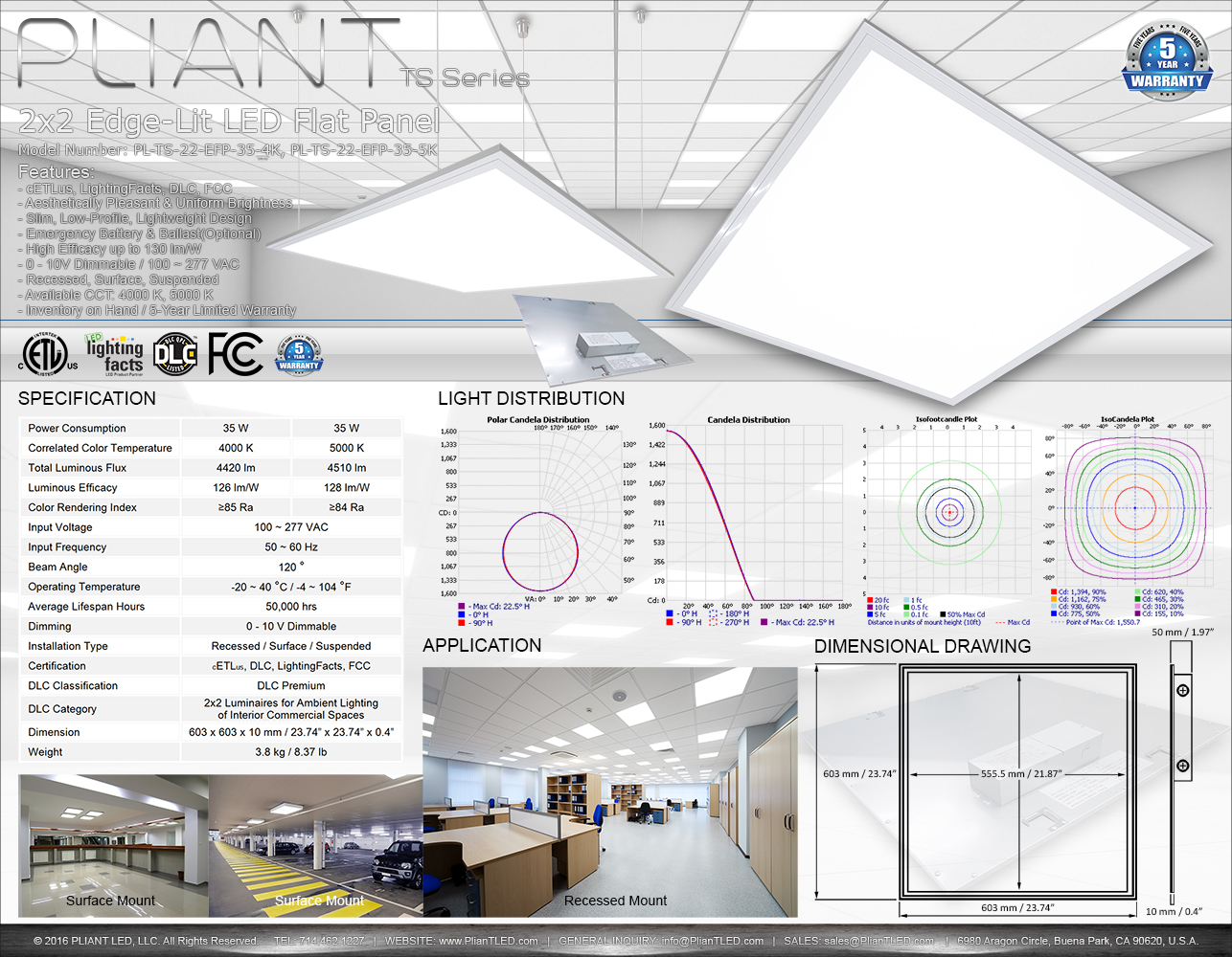 PLIANT 2x2 Edge-Lit LED Panel 35W(PL-TS-22-EFP-40-4K, PL-TS-22-EFP-40-5K)